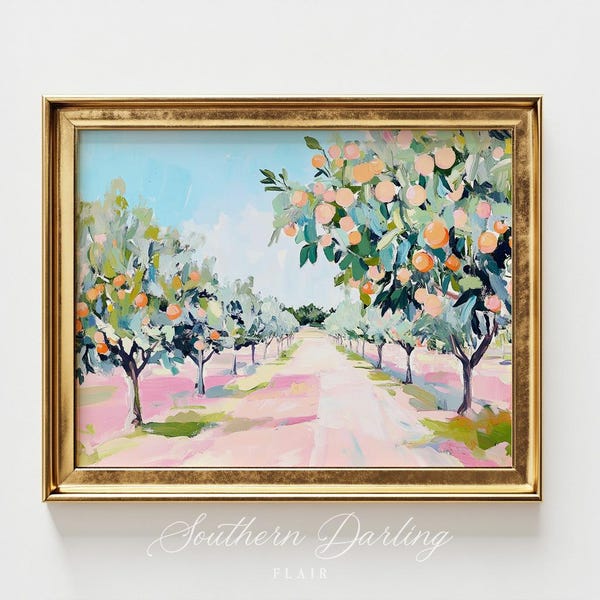 Lámina artística de un huerto de naranjos de Florida, paisaje sureño caprichoso, estilo grandmillenial, decoración del hogar en rosa pastel, descarga digital imprimible