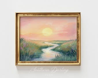 Pastel Marsh Sunset Vintage Style Painting, Wetlands Art Print, South Carolina, Florida, Georgia, Coastal Water, Printable Digital Download