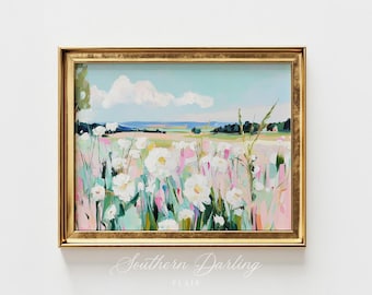 Pastel Wildflowers in Pasture Painting, Vintage Style Oil Printable, Colorful Grandmillenial Style, Spring Decor, Printable Digital Download