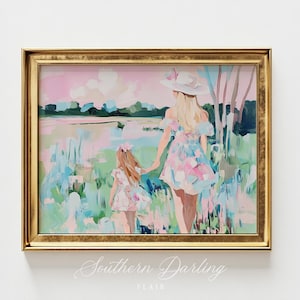 Vintage Motherhood Painting, Pastel Grandmillenial Florida Landscape Painting, Art Print, Spring, Pink Water, Printable Digital Download