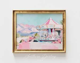 Vintage Carousel Pastel Print, Oil Painting Printable Art Print, Grandmillenial Style, Pastel Pink Home Decor, Printable Digital Download