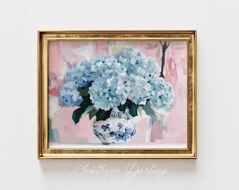 Blue Hydrangeas in Vase, Pastel Abstract Art Print, Southern Vibes, Grandmillenial Style, Pastel Pink Home Decor, Printable Digital Download