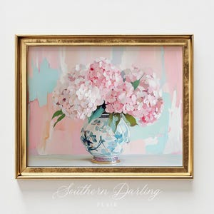 Pink Hydrangeas in Vase, Pastel Abstract Art Print, Southern Vibes, Grandmillenial Style, Pastel Pink Home Decor, Printable Digital Download