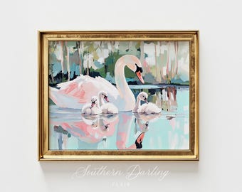 May include: A painting of a white swan with three cygnets swimming in a lake. The swan is pink and white, and the cygnets are white. The background is a blurred image of trees and water.