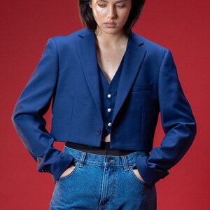 Blue cropped blazer and west, reworked upcycled two piece suit, pearl buttons image 1