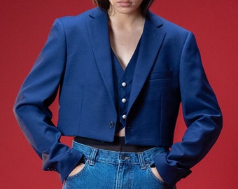 Blue cropped blazer and west, reworked upcycled two piece suit, pearl buttons