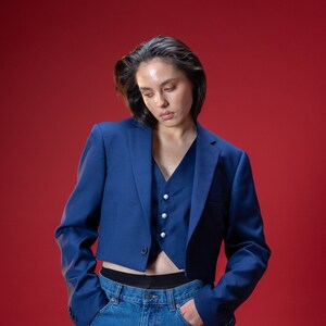 Blue cropped blazer and west, reworked upcycled two piece suit, pearl buttons image 2