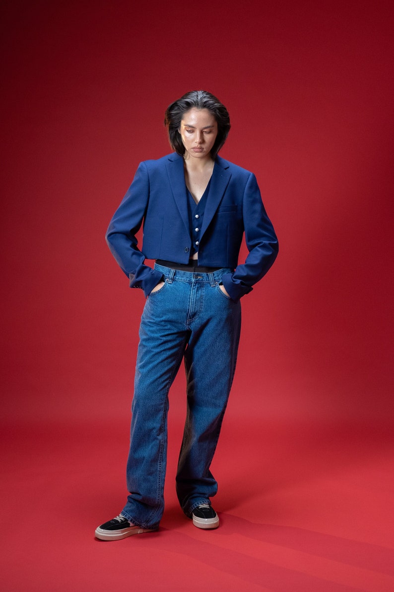 Blue cropped blazer and west, reworked upcycled two piece suit, pearl buttons image 1