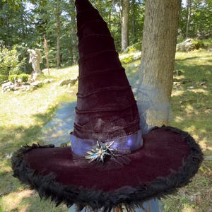May include: A tall, pointed hat made of dark purple velvet with a wide brim edged in black faux fur. A purple satin ribbon wraps around the base, accented with a dark, iridescent spider-shaped brooch and layers of sheer, light blue tulle fabric.