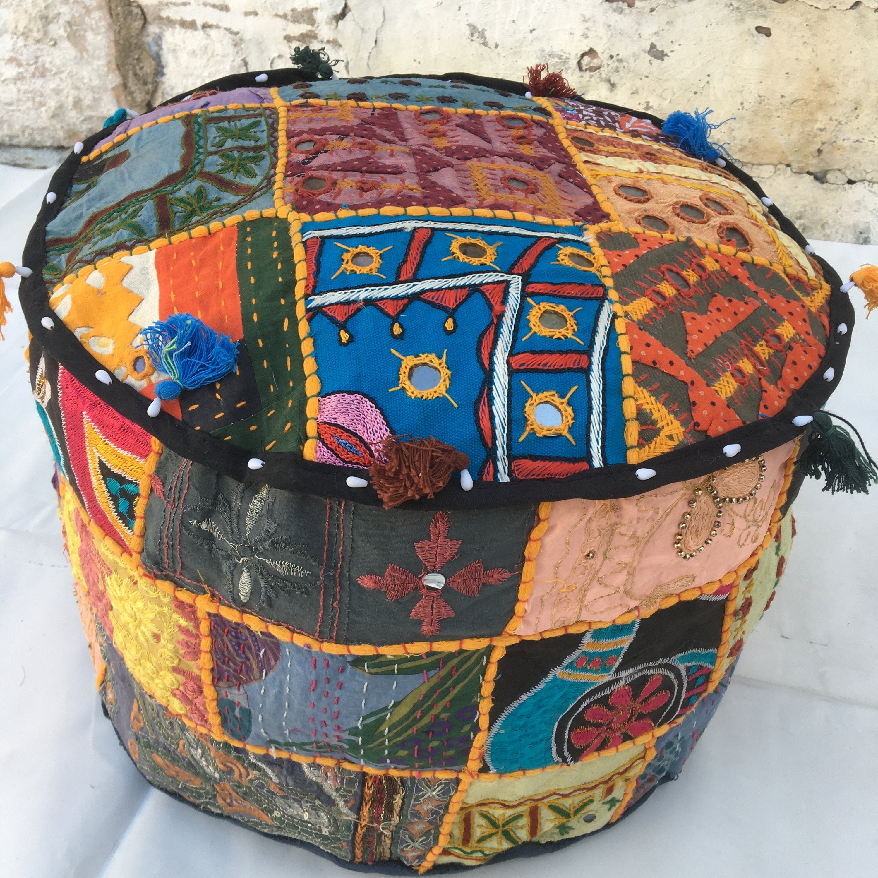 Vintage patchwork ottoman cover bohemian embroidered round Etsy