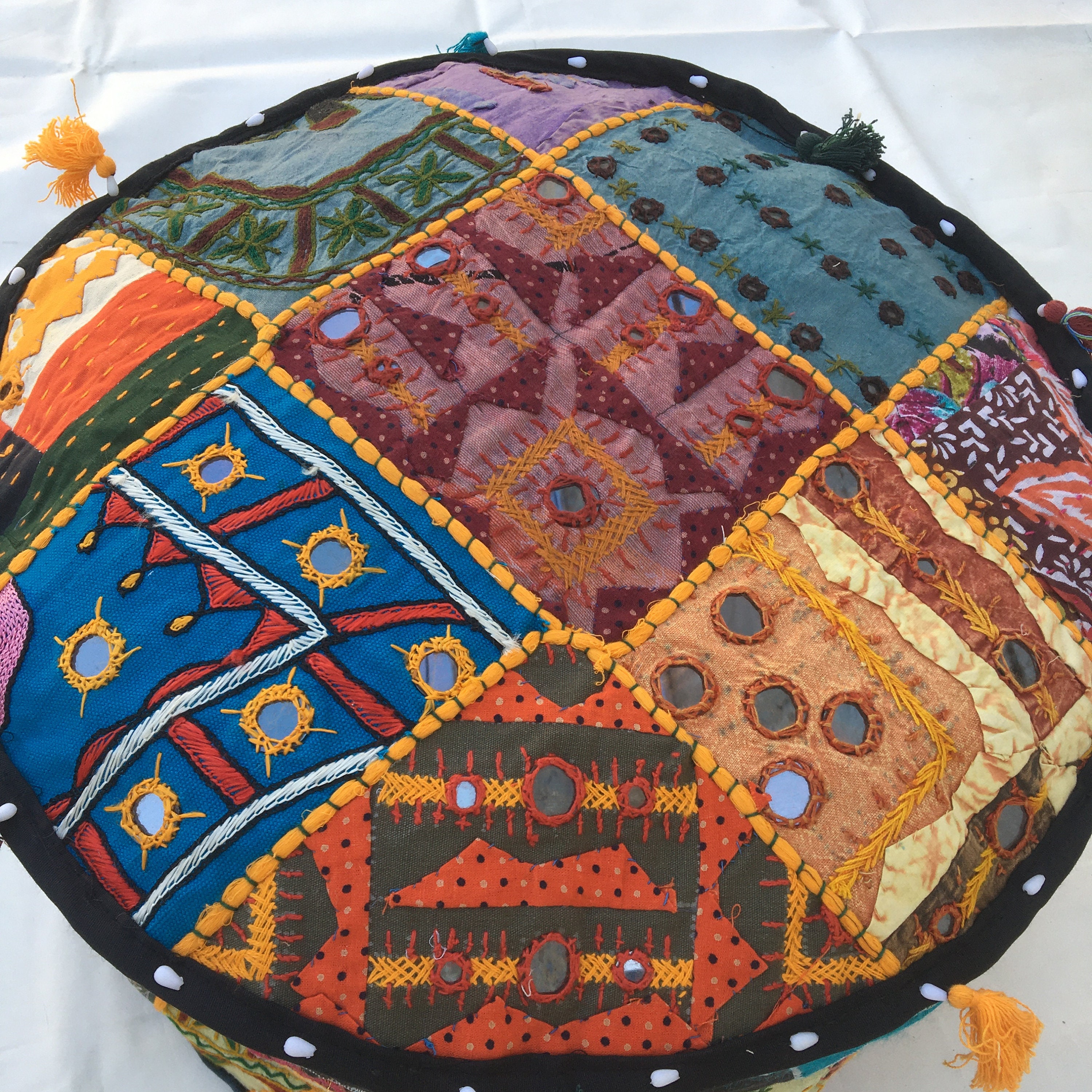 Vintage patchwork ottoman cover bohemian embroidered round Etsy