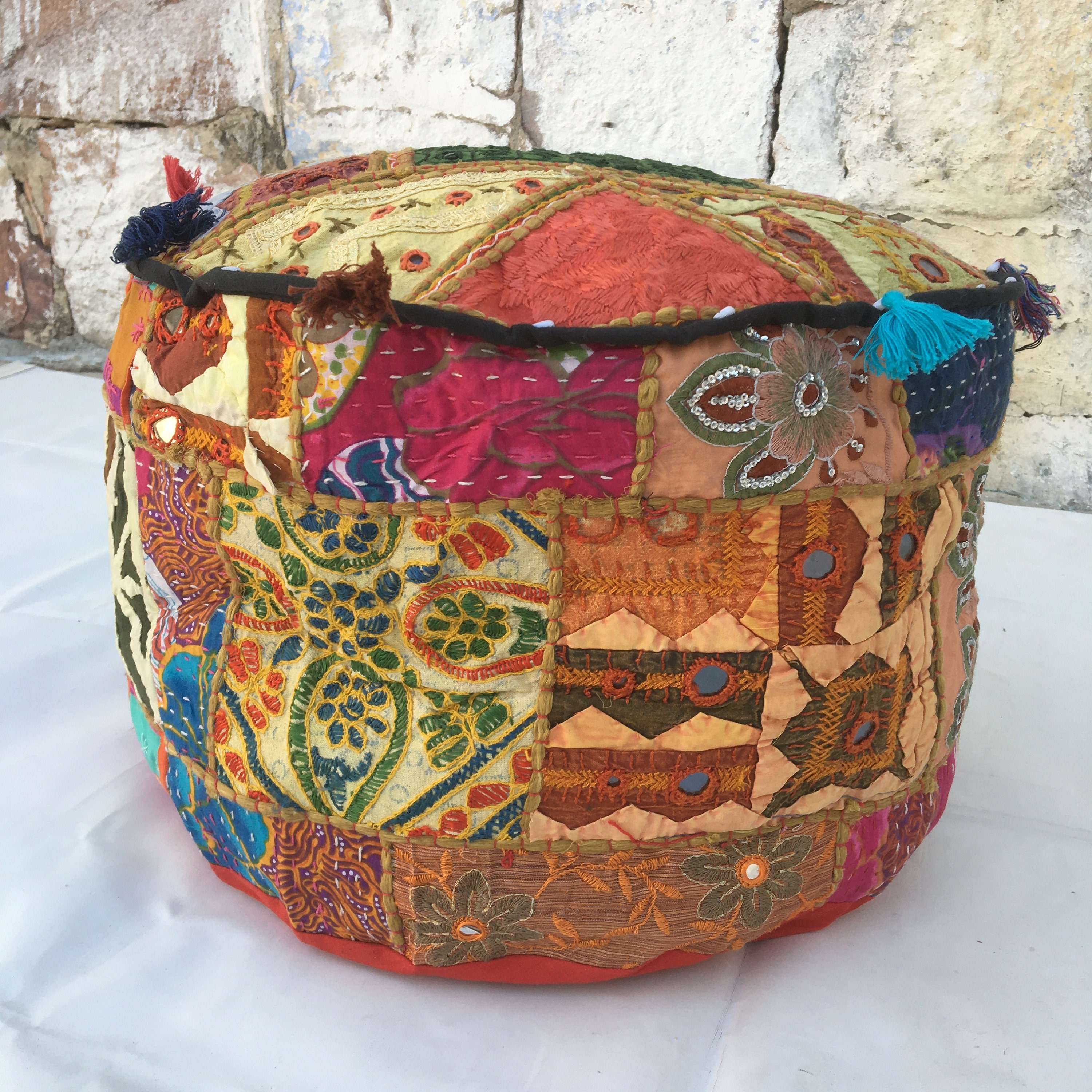Vintage patchwork ottoman cover bohemian embroidered round Etsy