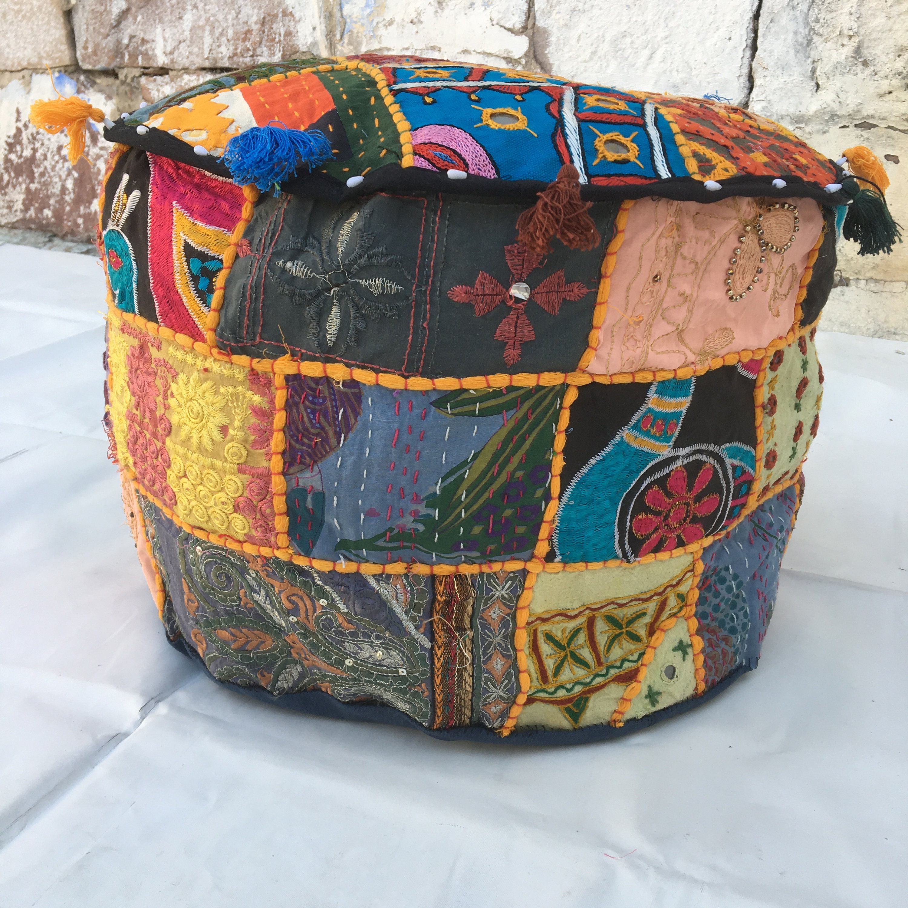 Vintage patchwork ottoman cover bohemian embroidered round Etsy