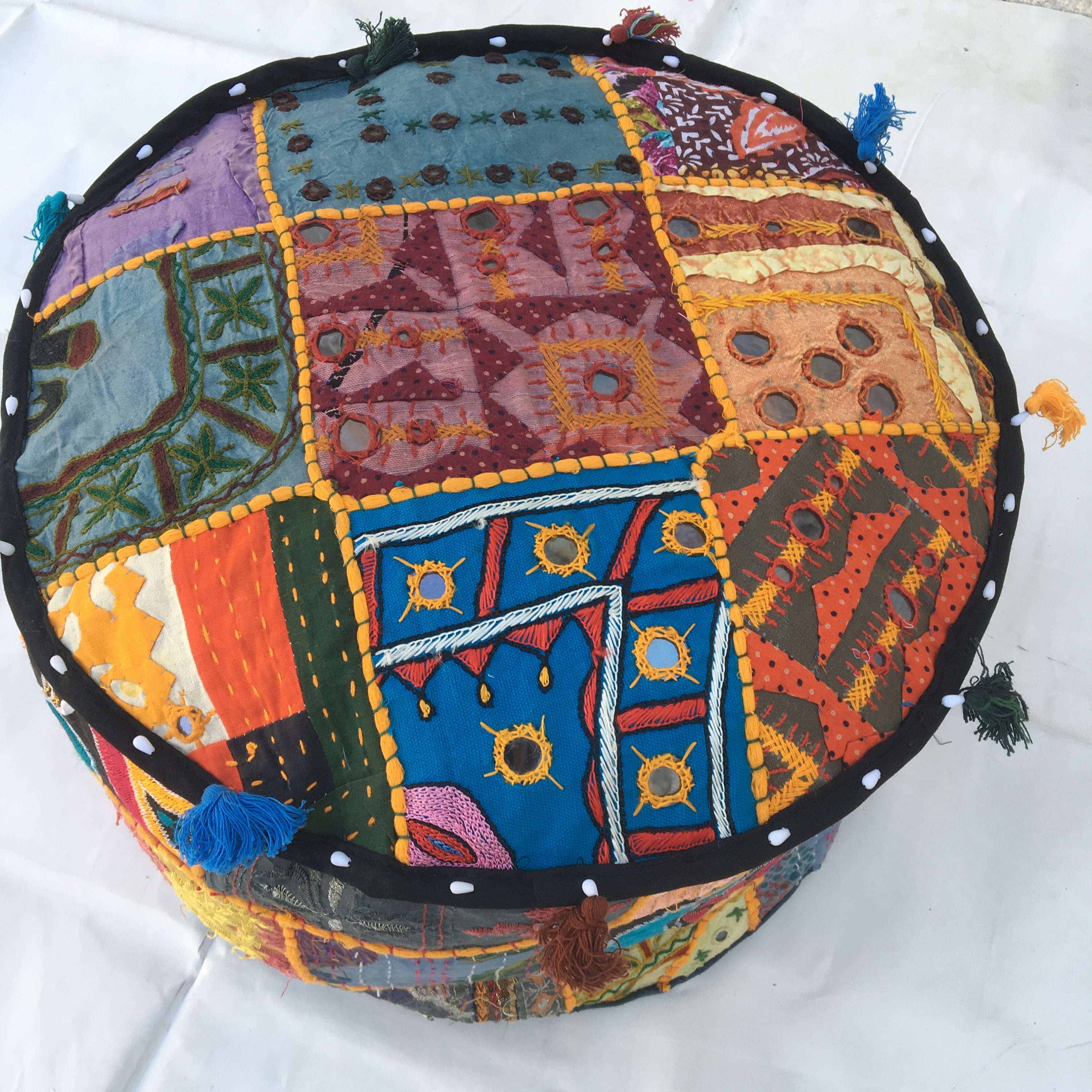 Vintage patchwork ottoman cover bohemian embroidered round Etsy