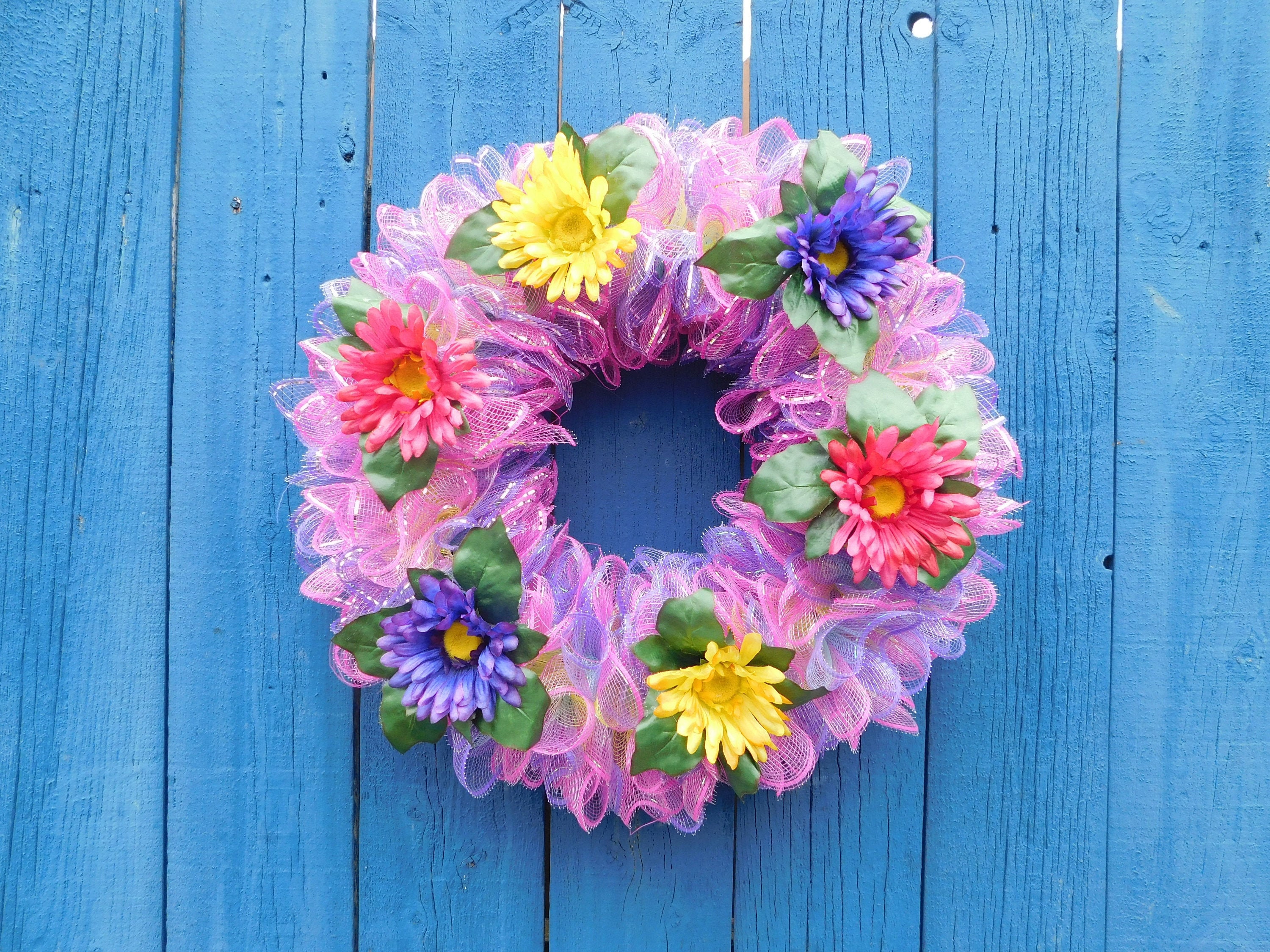 Floral/spring Deco Mesh Wreath Spring Wreath Floral Wreath Etsy