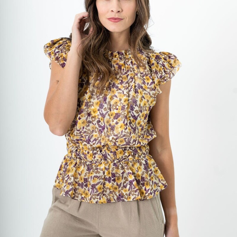 Pleated Long Puff Sleeve Floral Print Sweater Top main image 0
