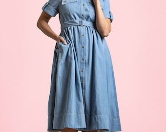 Vintage Denim Shirtdress/50's style Denim Dress/Mid-length Shirtdress