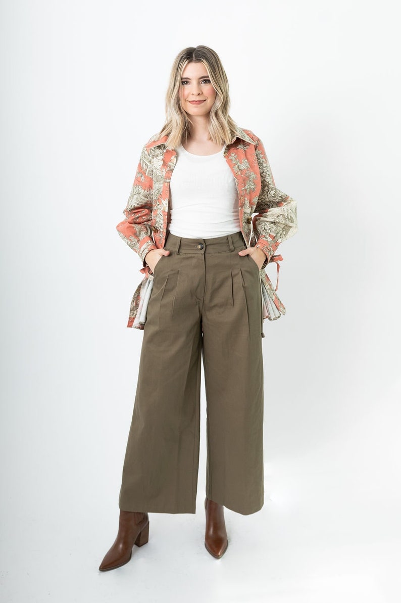 Vintage Wide Leg Pants & Beach Pajamas History     Wide Leg Trouser with Pleats/ High Waist Pleated Pants/dark khaki/Pleated Cropped Pants with Side Pockets  AT vintagedancer.com