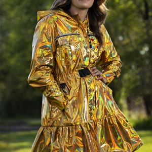 Sustainable Metallic Gold Jacket/Cute Rainjacket with Pockets/Modern Trench Coat with Ruffle