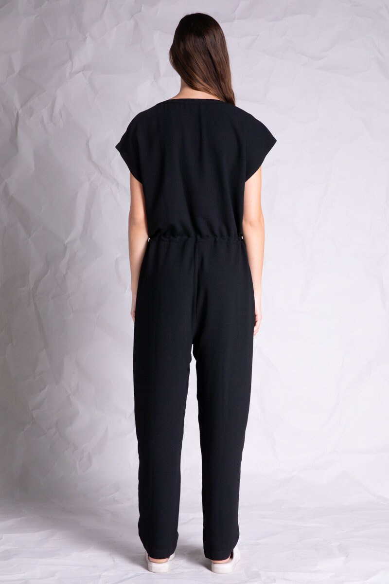 Short Sleeve Jumpsuit/Button up Jumpsuit/Black crepe Jumpsuit | Etsy