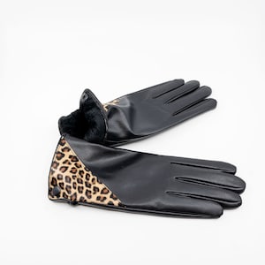 Womens gloves/Black Gloves/Cheetah Gloves/Faux Leather Gloves/Vegan Leather Gloves/