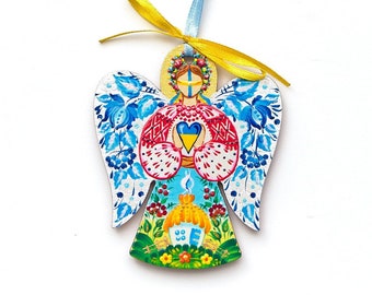 Hanging accessory Ukrainian angel for car mirror , Hand painted wooden ornament with Petrykivka painting, Gift for Ukrainian folk art lover