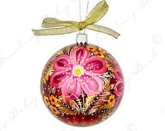 Hand-Painted Ukrainian Petrykivka Christmas Ornament, Red Floral Bauble (6 cm)