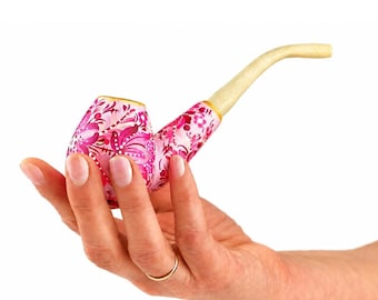 Hand Painted Pink Smoking Pipe 6 Inch, Petrykivka Wooden Tobacco Pipe, Ukrainian Folk Art, Decorative Collectible Gift for Woman