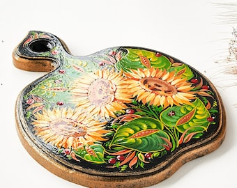 Hand Painted Wooden Cutting Board, Sunflower Petrykivka Art, Ukrainian Kitchen Decor