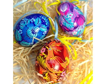 Ukrainian Easter Eggs Set with Petrykivka Painting, Hand Painted Wooden Ornament, Personalized Hanging Pysanky