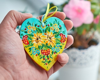 Hand-Painted Wooden Heart Ornament, Petrykivka Folk Art, Ukrainian Artisan Souvenir