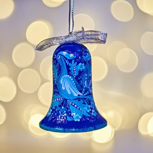 Ukrainian Christmas bell ornament, Personalized wooden decoration with Petrykivka painting, Unique Christmas gift for grandparents