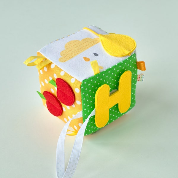 Sensory cube with baby rattle, Personalized baby gifts gender neutral, First birthday gifts for younger brother