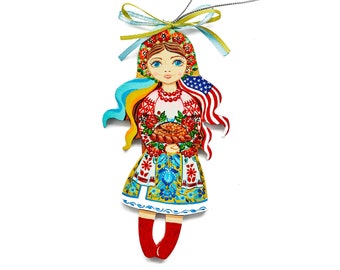 Ukrainian ornament with Petrykivka painting, Hand painted wooden decor, Independence day gift, American flag decoration, Gift for teacher