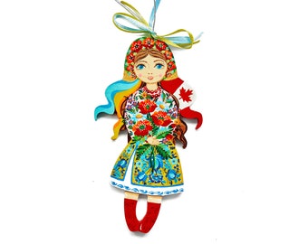 Ukrainian wooden figurine, Easter ornament  with Petrykivka painting, Canada Day decor, Gift for Ukrainian folk art lover