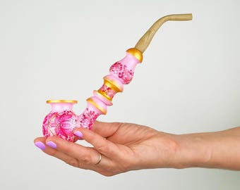 Long Wooden Tobacco Pipe, Hand Painted Pink Smoking Pipe, Girly Pipe With Petrykivka Folk Art, Decorative Collectible Gift for Woman