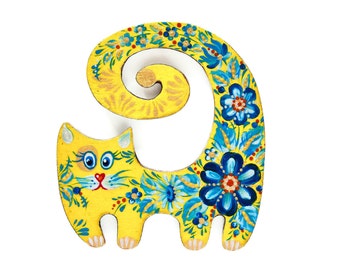 Funny cat fridge magnet with Petrykivka painting, Ukrainian hand painted aesthetic magnet,  Small Easter souvenir for folk art lover