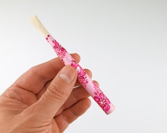 Hand Painted Cigarette Holder, Pink Wooden Mouthpiece, Ukrainian Petrykivka Folk Art, Сollectible Gift for Women