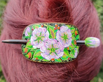 Hand Painted Floral Hair Barrette, Ukrainian Petrykivka Wood Hair Clip