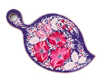 Hand Painted Cutting Board, Purple Petrykivka Floral Art, Ukrainian Kitchen Decor