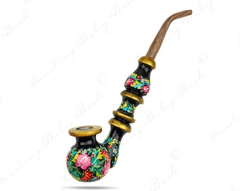 Flower Smoking Pipe with Petrykivka Painting, Hand Painted Womens Tobacco Pipe, Unique Ukrainian Wooden Gift,  Long Stem Churchwarden Pipe
