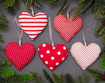 Christmas ornaments hearts set of 5,  Hanging fabric hearts ornaments,  Gift for mother sister girlfriend grandmother