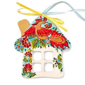 Ukrainian traditional ornament with Petrykivka painting, Hand painted wooden gingerbread house, Gift for folk art lover