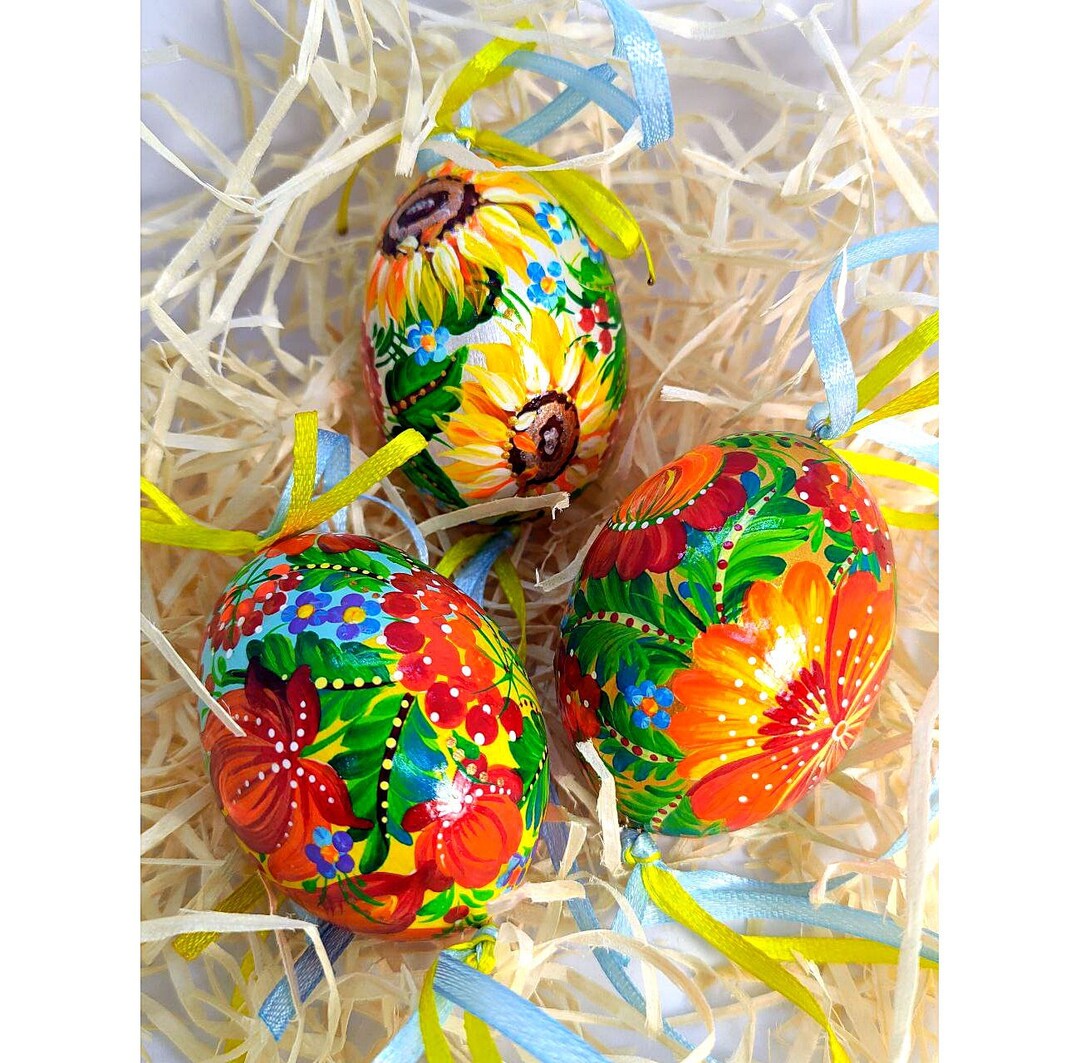 Ukrainian Easter Eggs Set With Petrykivka Painting, Hand Painted Wooden ...