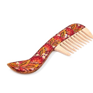 Natural wooden hair comb with Petrykivka painting, Hand painted Ukrainian souvenir, Cute gift for mother grandmother, Ukrainian folk art
