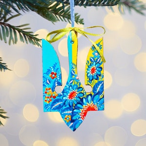 Ukrainian Christmas ornament tryzub , Unique wooden decoration with Petrykivka painting,  Hand painted decor for Christmas tree