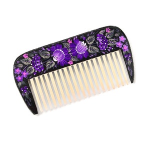 Hand Painted Wooden Comb, Purple Petrykivka Floral Art, Ukrainian Gift