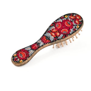Wooden hair brush with Petrykivka painting, Hand painted hair accessories, Mothers day gift ideas for women, Ukrainian folk art lover