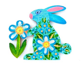 Hand-Painted Rabbit Fridge Magnet, Petrykivka Floral Decor, Ukrainian Folk Art