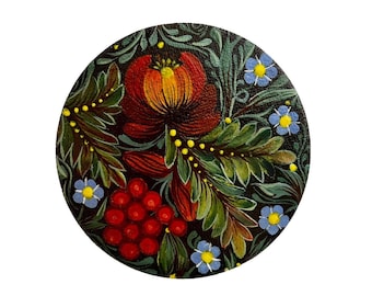 Round Wooden Coaster, Hand Painted Petrykivka Art, Ukrainian Folk Souvenir